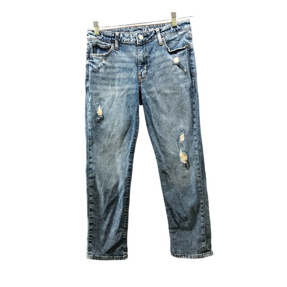 Gap Girls Size 12 Plus Girlfriend Jeans Distressed Medium Wash Blue Stretch - Picture 1 of 11